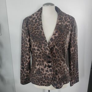 CLARA SUN WOO Women's Animal Print Double Collar‎ Blazer Brown Black Large Fall